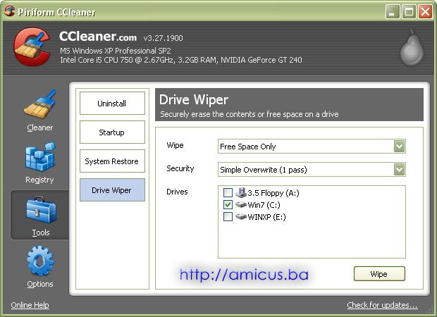 CCleaner - izbor opcije brisanja slobodnog prostora