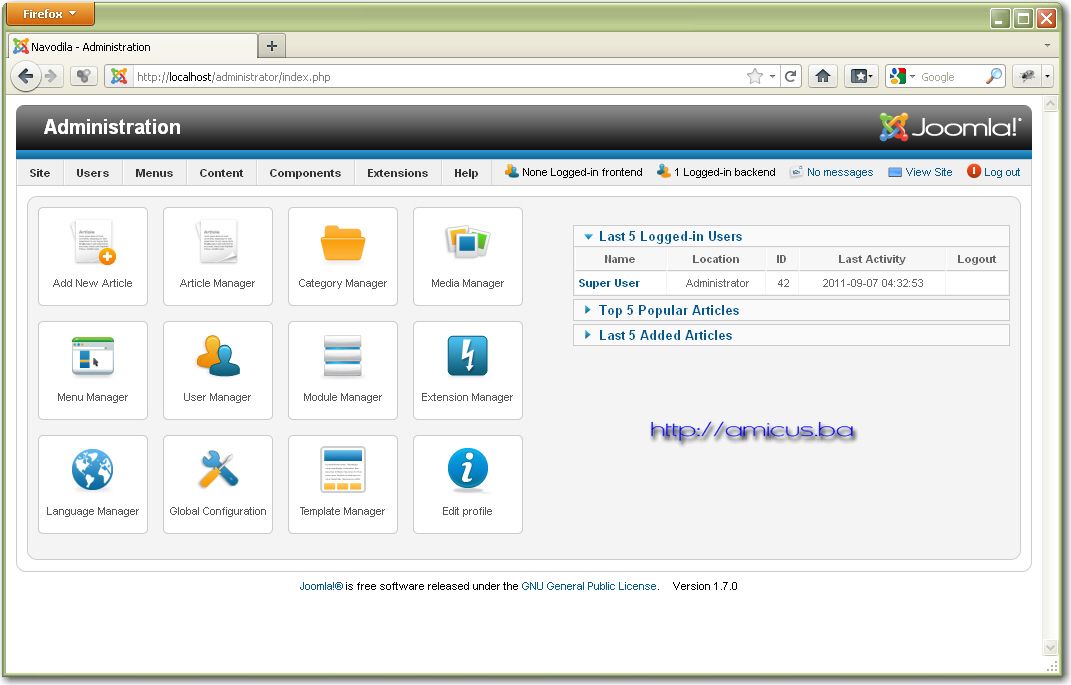 Joomla 1.7. administracija