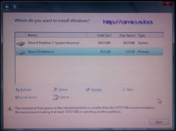 Izbor diska ili particije za instalaciju