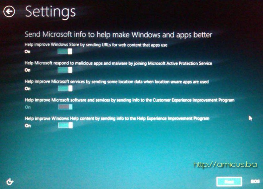 Postavke slanja informacija  Microsoft-u